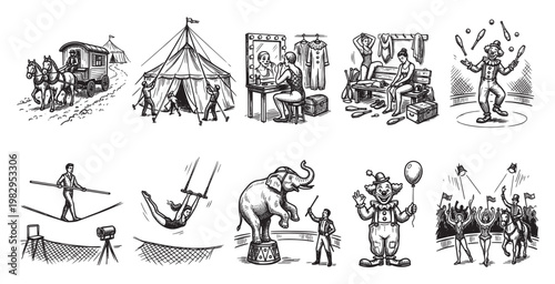 A collection of hand-drawn illustrations depicts various acts and scenes from a classic circus, including performers, animals, tents, and backstage moments, evoking a nostalgic.