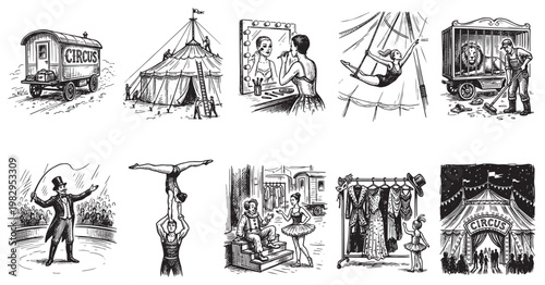 A vintage ink sketch collage depicts various circus scenes including a trailer, tent setup, makeup artist, aerialist, lion cage, ringmaster, acrobats, costumes, and the circus entrance.