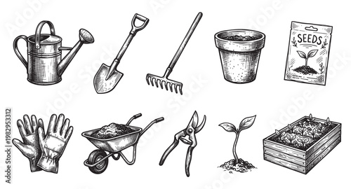 A collection of vintage-style black and white illustrations depicting various gardening tools, a plant seedling, and a wooden box filled with young plants, perfect for agricultural or DIY projects.