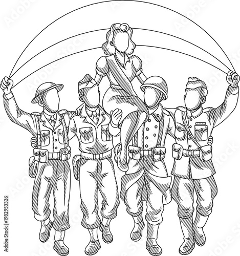 Minimalist Etching Style Illustration of Allied Soldiers carrying a beautiful young woman on their shoulders, capturing the iconic atmosphere of the Victory in Europe day celebrations.