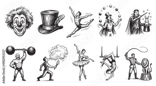 A vintage-style collection of circus performers in black and white ink, featuring a clown, magician, juggler, strongman, fire-breather, and acrobats.