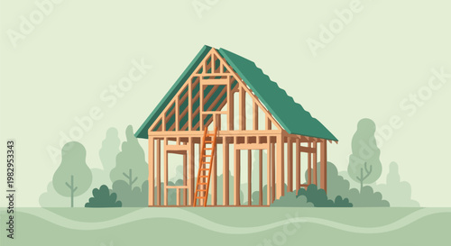 Wooden house frame under construction, timber residential building structure with ladder, flat vector illustration of eco-friendly home development