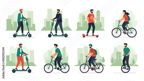 Group of people using various eco-friendly urban transport methods including electric scooters, bicycles, and skateboards.