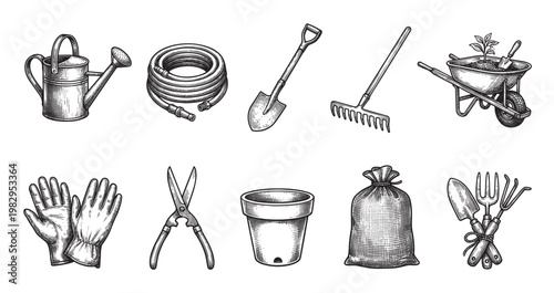 A vintage black and white engraving style collection of gardening tools, including a watering can, hose, shovel, rake, wheelbarrow with plant, gloves, shears, pot, and trowel set, isolated on white.