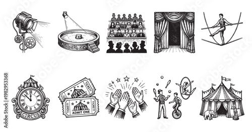 A collection of vintage black and white circus illustrations depicting various acts, elements, and symbols, including a spotlight, performers, tickets, and tents.