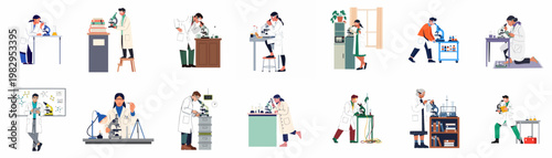 Diverse scientists in lab coats conducting scientific research using microscopes and laboratory equipment, collection of isolated flat vector characters on white background.