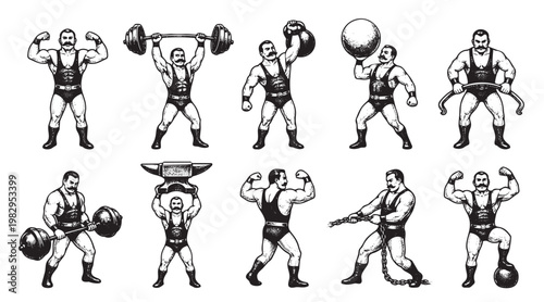A collection of vintage strongman illustrations in a black and white line art style, showcasing men in leotards lifting barbells, kettlebells, and other weights.