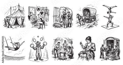 This vintage illustration collection depicts various scenes from circus life, including setting up a tent, performers preparing backstage, an elephant with a handler, a horse-drawn wagon, acrobats.