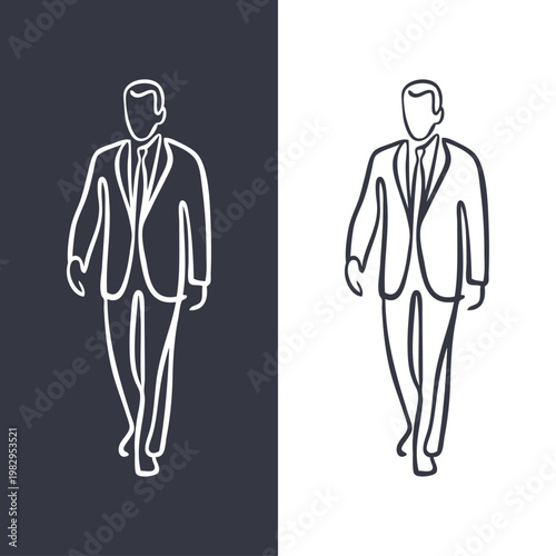 Logo moda de caballero. Dibujo minimalista con líneas de un hombre con traje, camisa y corbata, andando de frente 