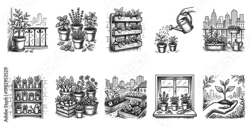 A hand-drawn illustration set showcasing various urban gardening scenes including balcony plants, vertical gardens, window boxes, and community plots against city backdrops.