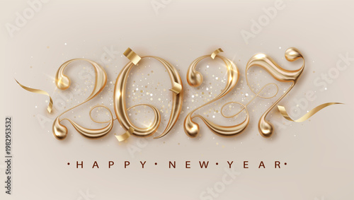 Photography 2027 gold Happy New Year banner with 3d realistic calligraphic number and falling confetti