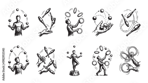 A collection of ten vintage style sketches illustrating various juggling scenarios with balls, rings, and clubs, conveying skill, entertainment, and performance.