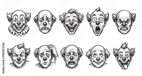 This black and white illustration features a collection of ten different clown faces, each displaying a distinct emotion or expression, perfect for graphic design and concept art.