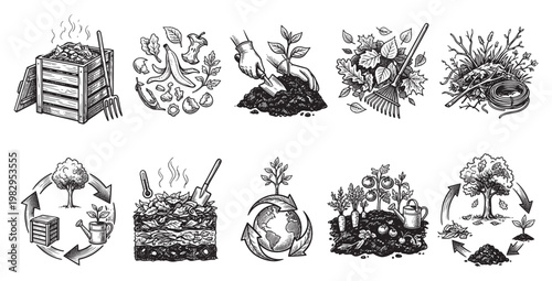 Black and white hand-drawn illustration depicting various stages of gardening and composting, including compost bins, kitchen scraps, planting, and the life cycle of plants.