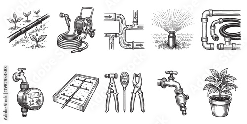 A collection of hand-drawn illustrations depicting various irrigation and gardening tools including drip lines, hoses, sprinklers, pipes, timers, and plants.