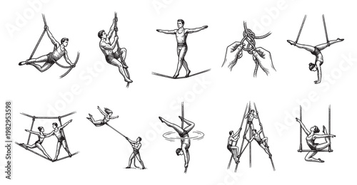 A vintage illustration depicts multiple circus acrobats performing various daring feats on ropes, trapezes, and a tightrope, showcasing strength and agility in monochrome.
