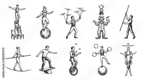 A vintage black and white illustration showcases various circus performers demonstrating acts of balance and juggling, including plate spinning, unicycling, and acrobatics.