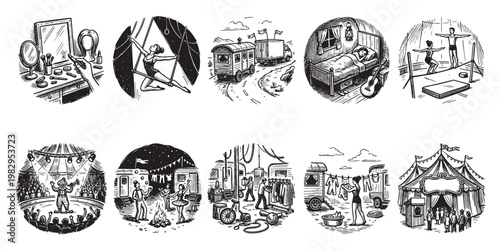 A collection of vintage black and white illustrations depicting various aspects of circus life, from performances and travel to backstage preparations and living quarters.
