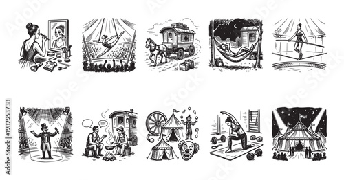 This black and white sketch collage depicts various scenes of circus life including performers preparing, performing, traveling, and relaxing.