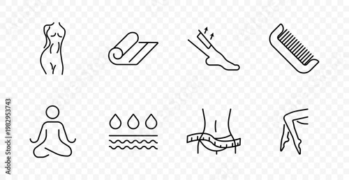 Beauty set icon. Body silhouette, towel, skin care, comb, yoga, hydration drops, waist measure, legs, wellness, spa, grooming, relaxation, selfcare, lifestyle