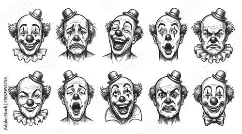 A collection of ten black and white sketch drawings of clown faces, each displaying a different exaggerated emotion from joy to sorrow.