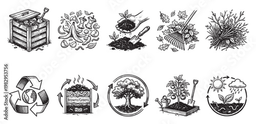A collection of black and white sketch illustrations depicting various aspects of gardening, composting, and environmental cycles, suitable for educational or informational content.