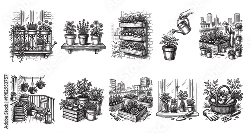 A collection of charming black and white illustrations depicting various urban gardening activities, including balcony gardens, rooftop farms, and window sill herb pots, perfect for creative projects.