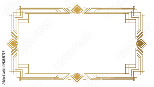 Sophisticated gold art deco rectangular frame with geometric patterns and lines for luxury invitation or card design.