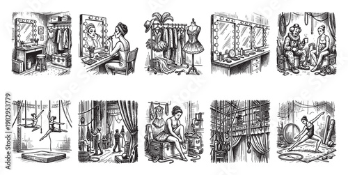 Black and white sketches depict various backstage circus scenes, including performers preparing, costumes on racks, and aerialists training.
