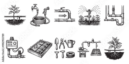 A collection of hand-drawn illustrations depicting various garden irrigation components, including drip lines, sprinklers, hoses, watering cans, and timers.