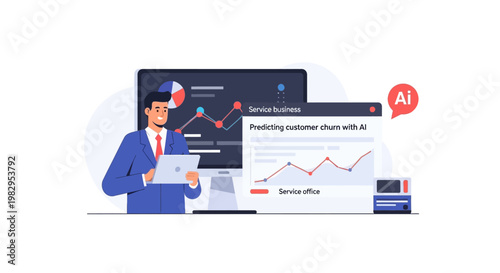 AI predicts customer churn: business analytics, charts, and businessman with tablet