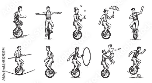 Collection of line art illustrations depicting circus performers in retro attire performing various feats on unicycles, including juggling, balancing, and acrobatics, for a whimsical vintage feel.