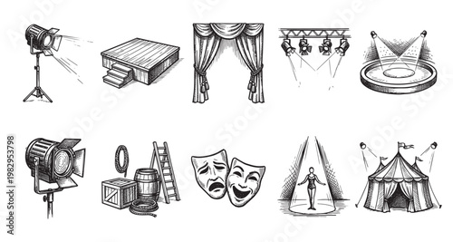 A collection of black and white sketches depicting various theatrical elements and lighting equipment, including spotlights, stages, curtains, and masks, ideal for performance.