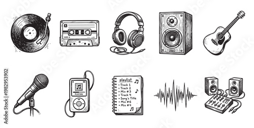 A collection of hand-drawn musical elements including a turntable, cassette, headphones, speaker, guitar, microphone, MP3 player, playlist, and sound wave, presented in a vintage sketch style.