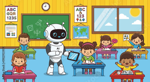 AI Robot Teacher Educating Children in Classroom with Technology