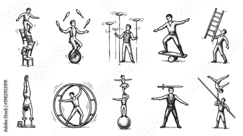 A collection of hand-drawn illustrations featuring circus performers showcasing various balancing acts and juggling skills against a white background.