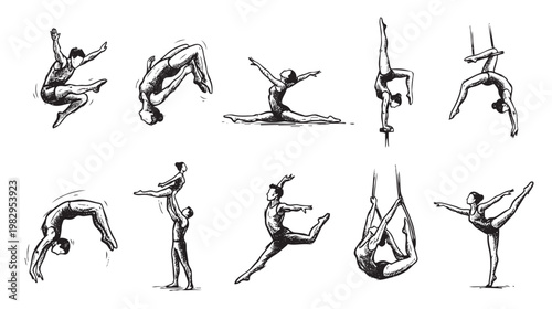A collection of black and white hand-drawn sketches of gymnasts performing various athletic poses and stunts against a white background.