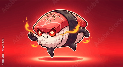 Angry Sushi Character with Flames