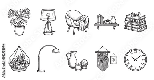 A hand-drawn sketch collection of various home decor items, including plants, lamps, furniture, and wall art, perfect for interior design concepts.
