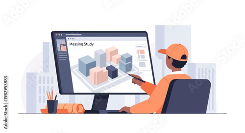 Architect designs 3D city model on computer screen, urban planning concept