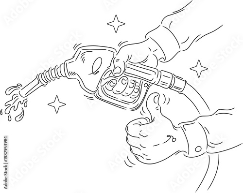Hand holding fuel nozzle pump and showing thumbs up gesture. Minimalist line art illustration for gas station service, refueling concept, and energy industry.