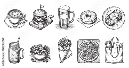 A collection of hand-drawn food and drink items in a sketch style, including coffee, burger, beer, donut, and pizza, suitable for menus or illustrations.
