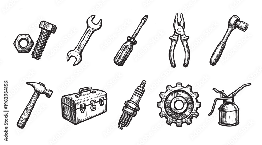 Obraz premium A collection of hand-drawn mechanical tools and hardware items, rendered in a vintage sketch style, perfect for DIY, repair, and industrial themes.