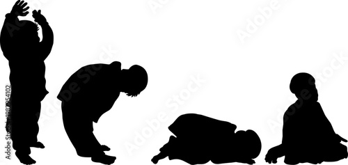 collection of solid black silhouettes depicting a young boy performing the various stages of Salah (Islamic prayer).