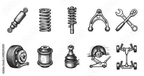 Hand-drawn illustration of various car suspension components, tools, and a car chassis, conveying automotive repair and maintenance.