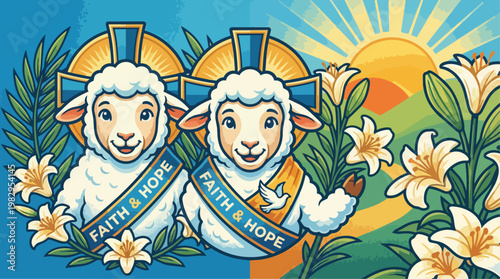 Cartoon Sheep Duo With Banner Emblems.