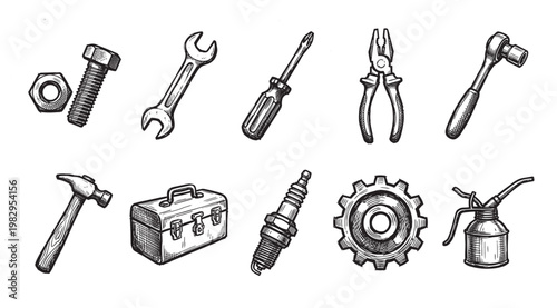 A collection of hand-drawn mechanical tools and hardware items, rendered in a vintage sketch style, perfect for DIY, repair, and industrial themes.