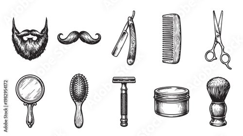 A collection of vintage-style barber tools including a beard, mustache, straight razor, comb, scissors, mirror, brush, safety razor, pomade jar, and shaving brush.