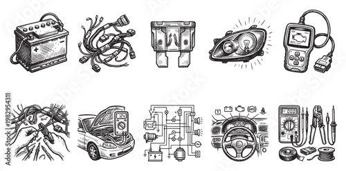 Hand-drawn black and white illustration depicting various automotive electrical components, wiring diagrams, tools, and diagnostic equipment for car repair and maintenance.