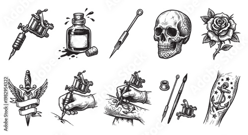 A collection of black and white tattoo art elements including machines, ink, a skull, rose, dagger, and anchor tattoo on an arm.